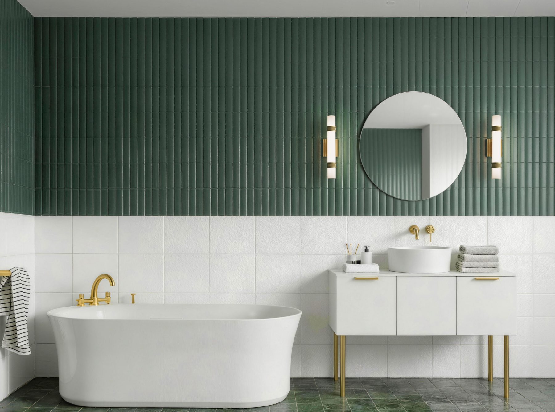 Brixon sconces in a green-tiled bathroom